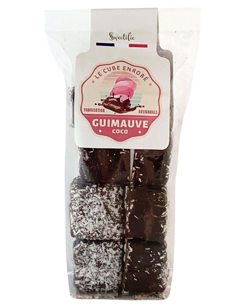 Guimauves artisanales coco enrobées chocolat, sachet de 100g, produites par Sweetilie à Eloyes dans les Vosges (88)