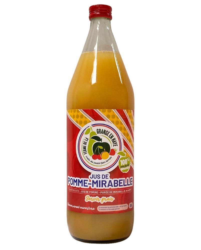 Jus de pommes pomme/mirabelle, produit par le domaine de la Grange en Haye (Villecey-sur-Mad, 54)