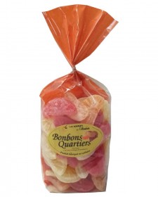 Bonbons en quartiers saveurs citron, orange et framboise 200g, produits par la confiserie Perrin (54)