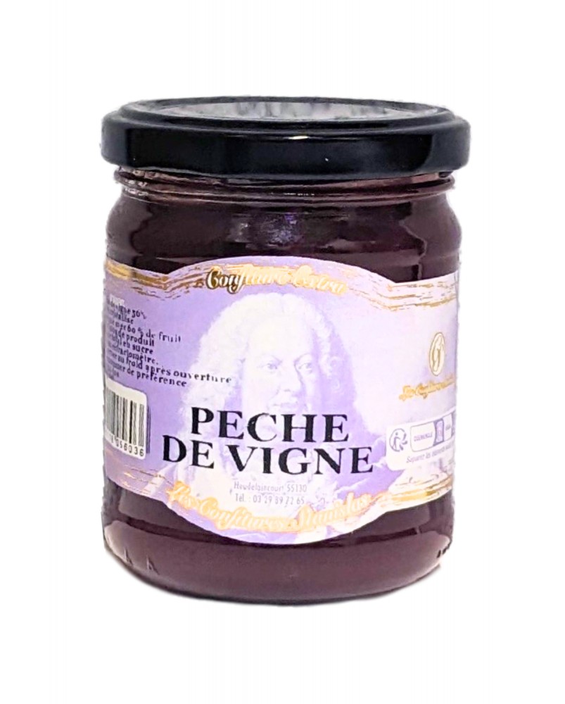 Confiture pêche de vigne 200g, produite par Les Confitures de Stanislas Confiture pêche de vigne 200g, produite par Les Confitures de Stanislas