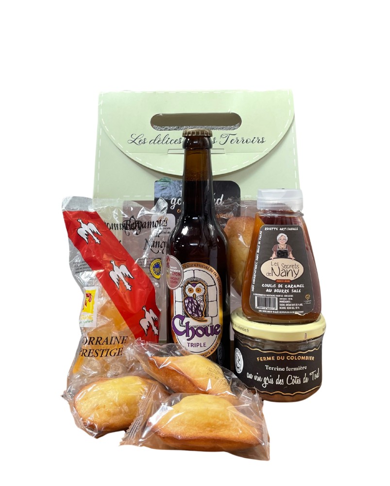 Panier garni Petits Plaisirs, assortiment de produits artisanaux lorrains Panier garni Petits Plaisirs, assortiment de produits artisanaux lorrains