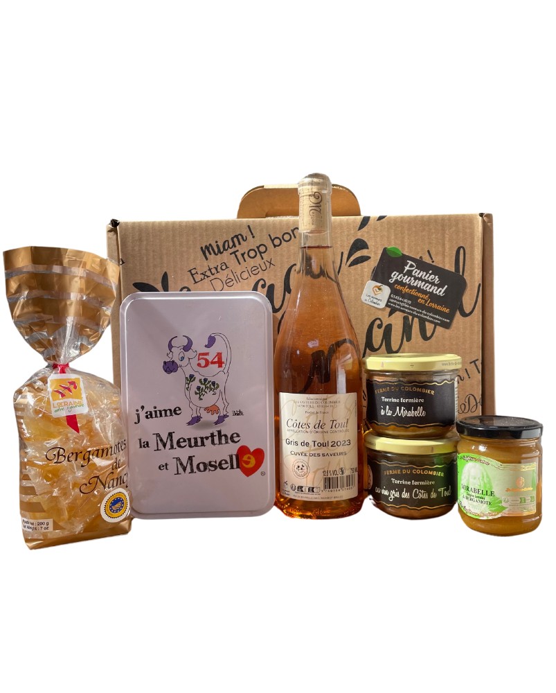 Valise panier gourmand Les Incontournables de Lorraine, assortiment de produits artisanaux lorrains
