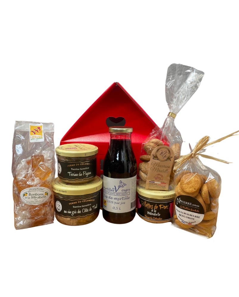 Maison panier garni Maison au cœur lorrain, assortiment salé et sucré de produits lorrains Maison panier garni Maison au cœur lorrain, assortiment salé et sucré de produits lorrains