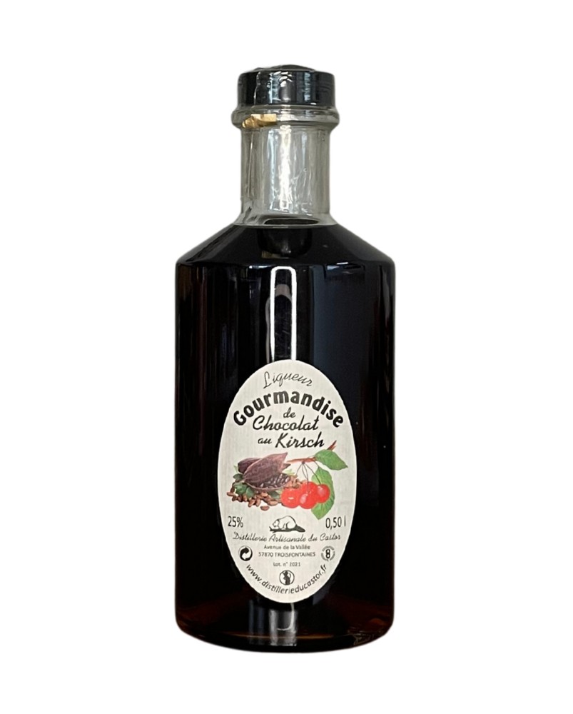 Liqueur chocolat au kirsh, produit par la Distillerie du Castor (57)