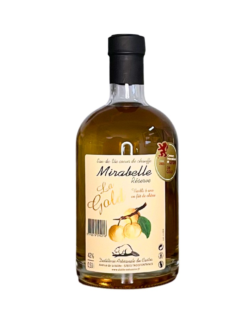 Eau de vie La Gold à la mirabelle de Lorraine, produite par la Distillerie du Castor (57)