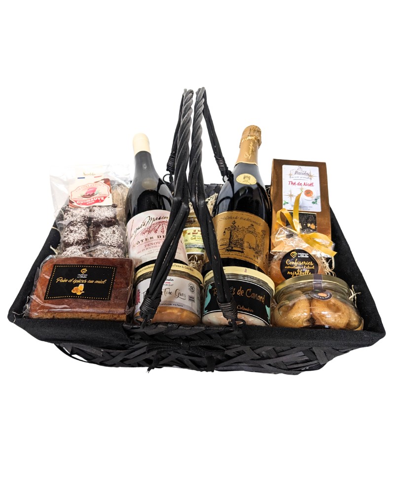 Gourmantissime – Panier gourmand prestige mêlant vins, bulles et spécialités artisanales.