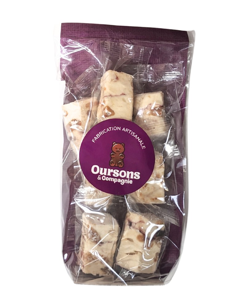 Nougat artisanal à la myrtille, sachet de 75g, produit par Oursons et compagnie à Eloyes dans les Vosges (88)