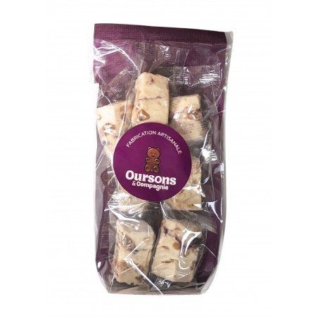 Nougat artisanal à la myrtille, sachet de 75g, produit par Oursons et compagnie à Eloyes dans les Vosges (88)