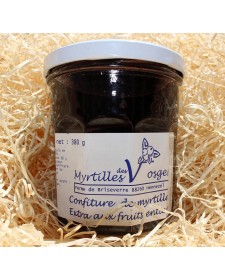 Pot de confiture de myrtille des Vosges 360g, produite par la Ferme de Briseverre (88)