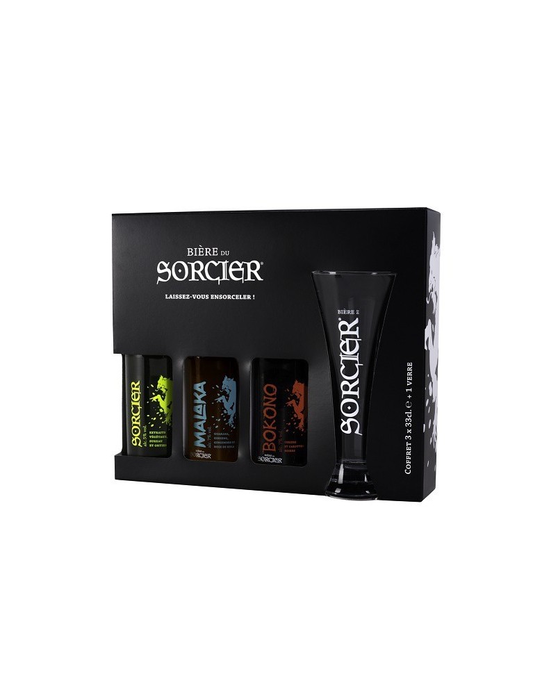 Coffret noir Bière du Sorcier, 3 bières et 1 verre