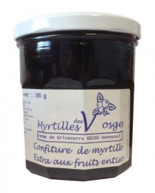 Pot de confiture de myrtille des Vosges 360g, produite par la Ferme de Briseverre (88)