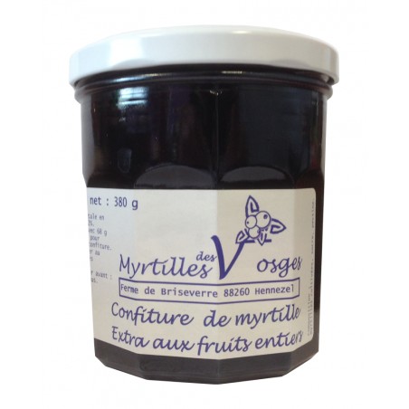 Pot de confiture de myrtille des Vosges 360g, produite par la Ferme de Briseverre (88)