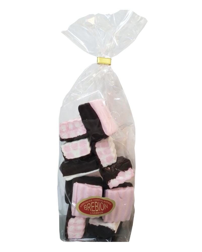 Sachet de guimauves  artisanales enrobées de chocolat, produites en Lorraine à Liverdun (54) par la confiserie Brebion